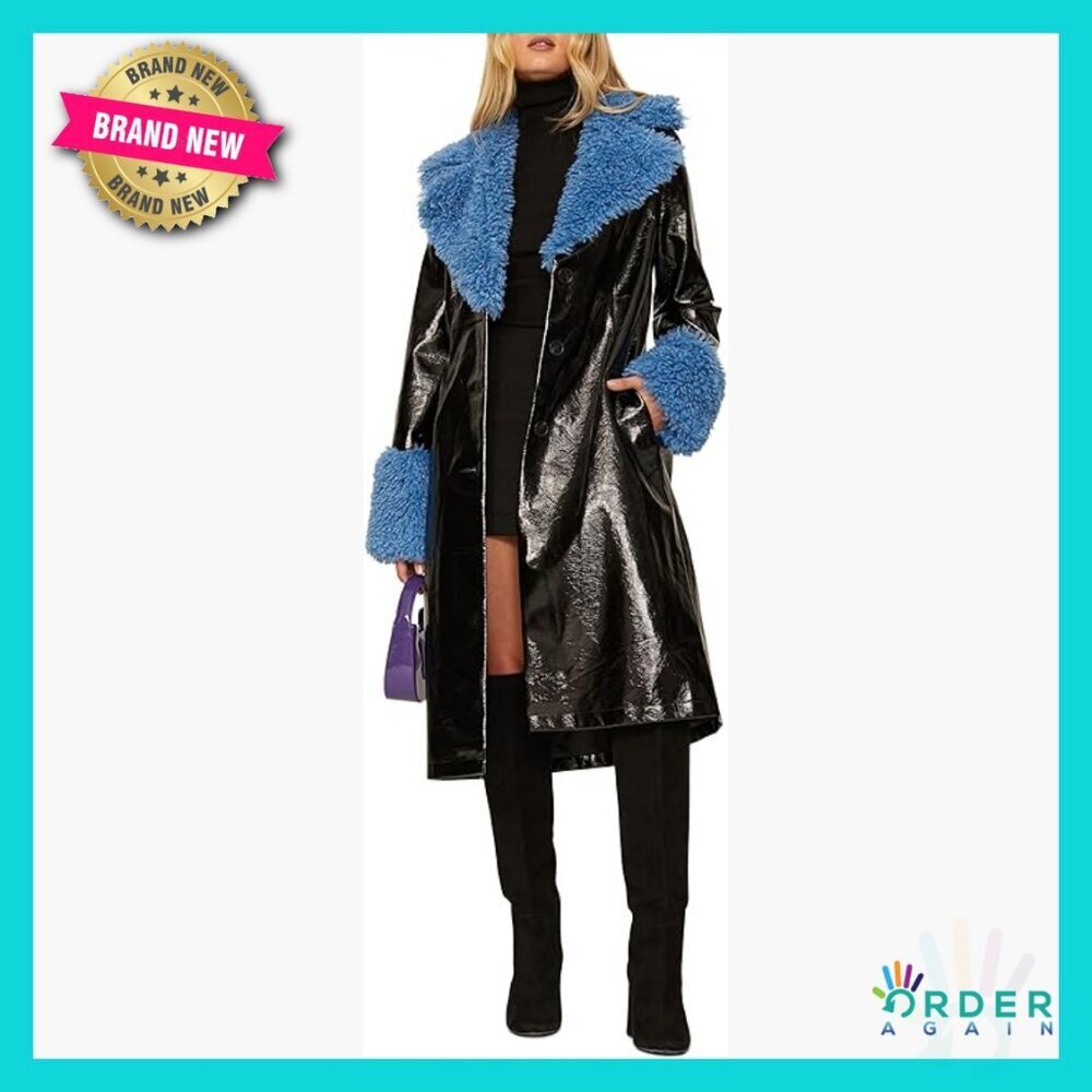 Faux Leather Trench Coat Long Length Faux Sherpa Collar Chic Elegant Fall